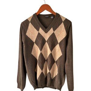 Saks 5th Avenue Merino Wool V-Neck Pullover Argyle Sweater In Brown Beige